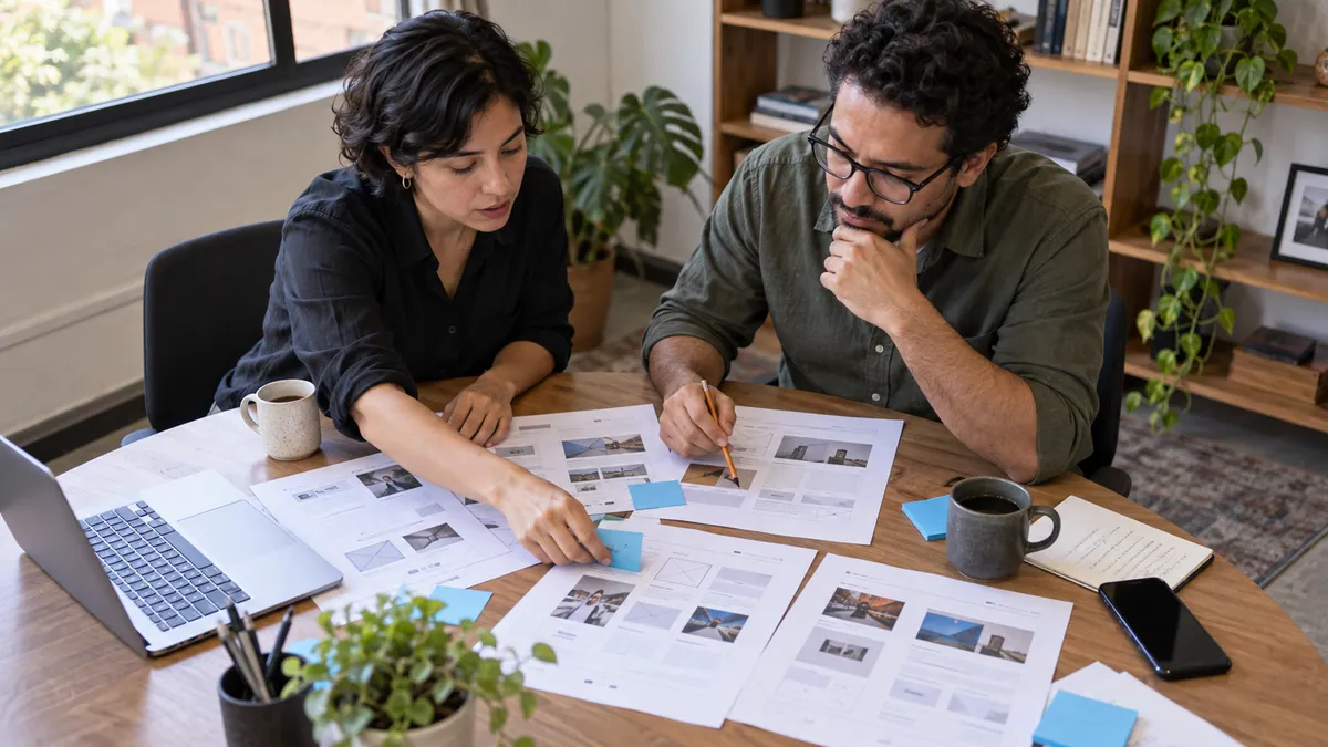 Emprendedores organizando páginas y contenidos antes de diseñar una web.