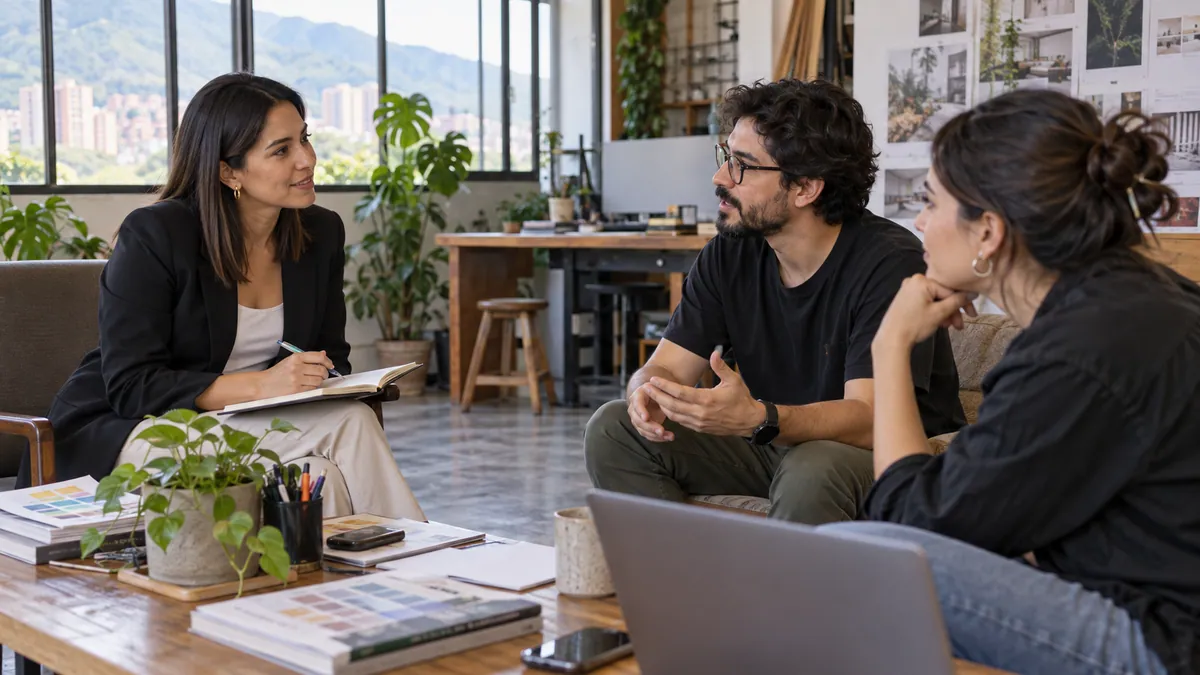 Empresaria conversando con un equipo de diseño web sobre el alcance del proyecto.