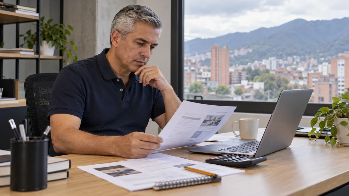 Empresario revisando una cotización web junto a un computador y una calculadora.