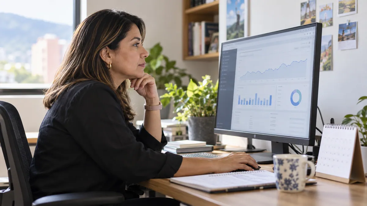 Especialista revisando información de indexación junto a un calendario de trabajo.