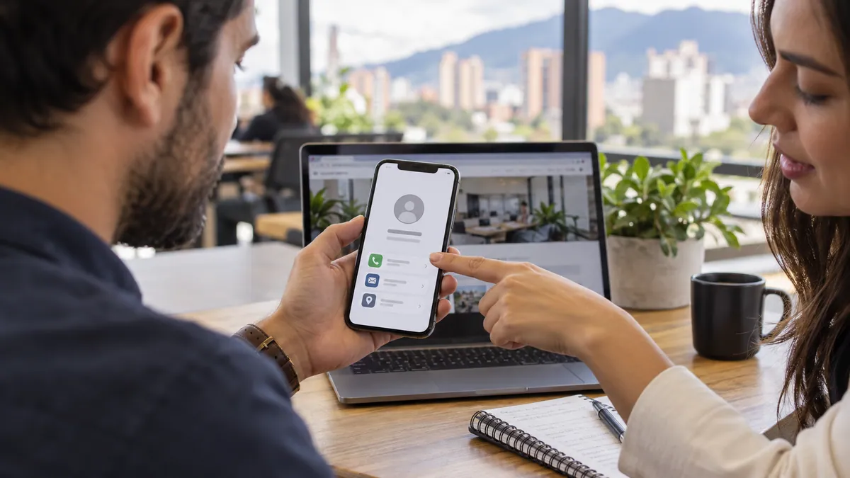 Personas revisando en un teléfono el recorrido de contacto de una web empresarial.