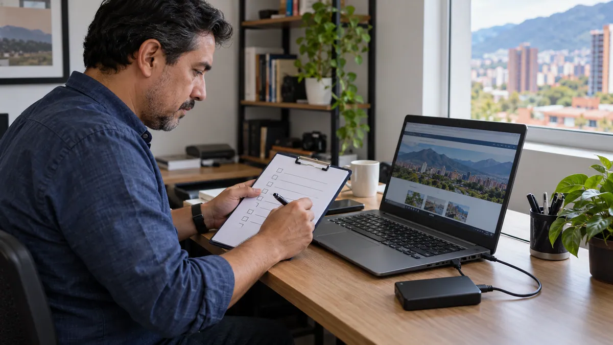 Técnico revisando tareas de mantenimiento de una web junto a un computador.