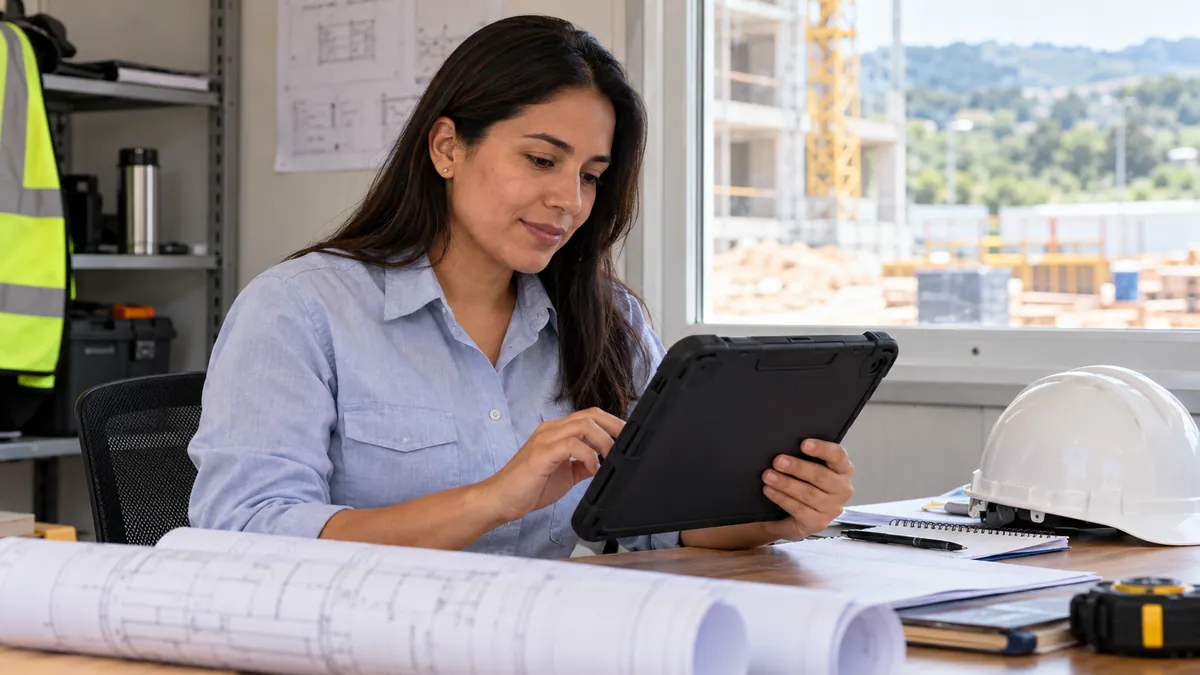 Ingeniera revisando una web empresarial junto a planos de construcción.