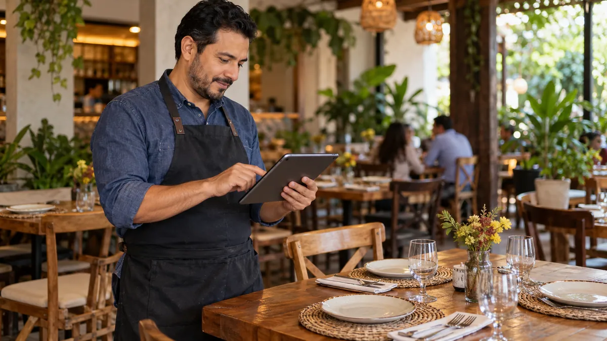 Responsable de un restaurante revisando su carta digital en una tablet.