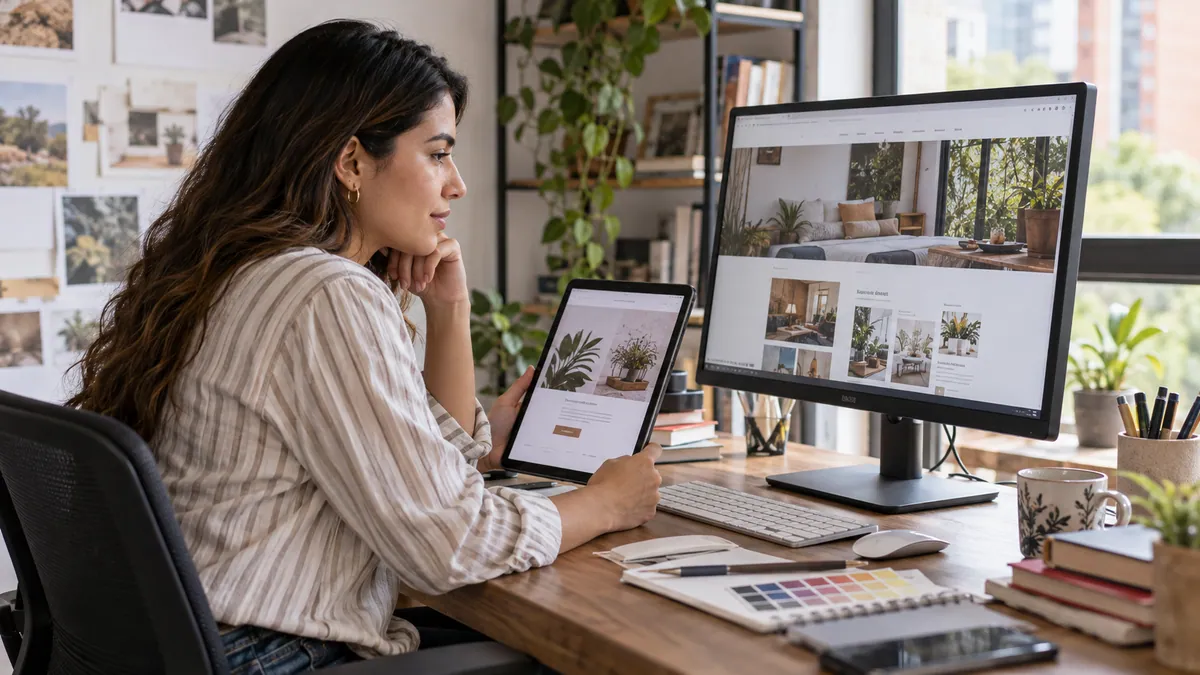 Diseñadora comparando una landing de campaña con una web empresarial.