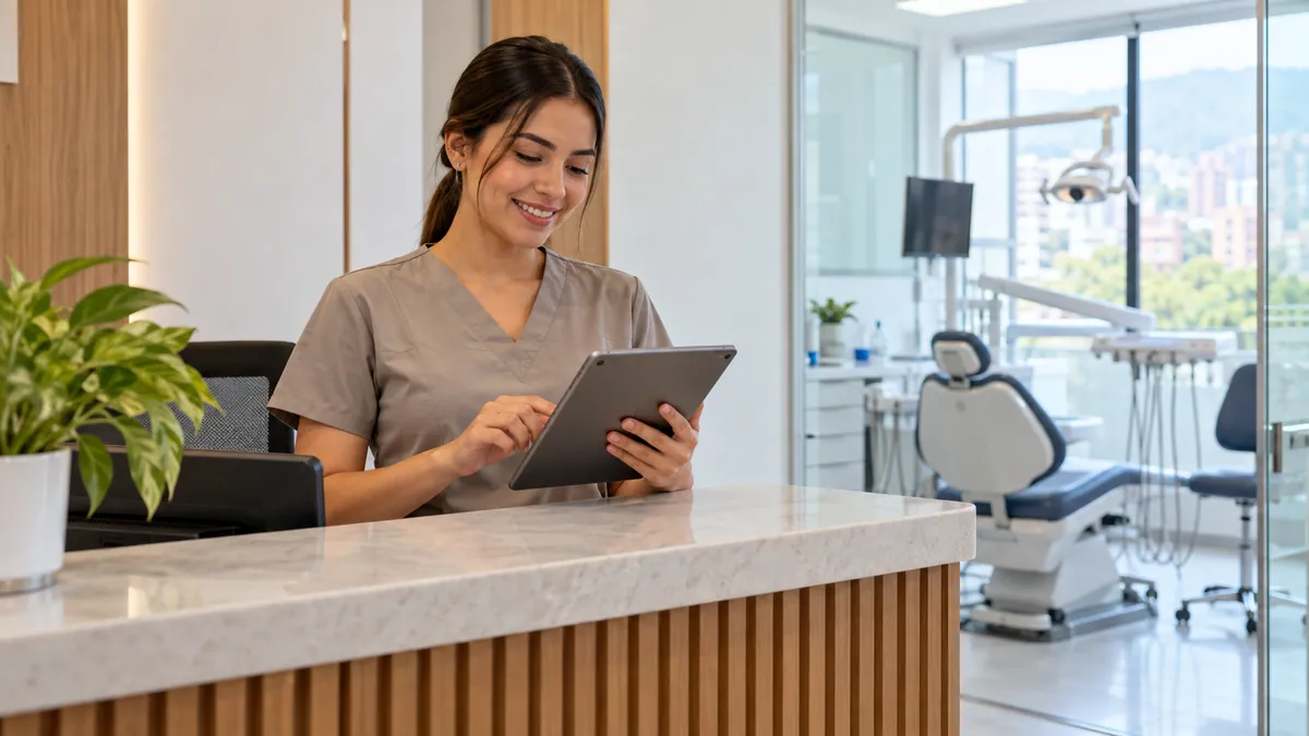 Coordinadora de un consultorio odontológico revisando información en una tablet.