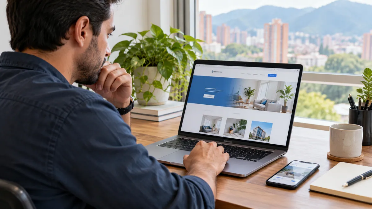 Persona revisando una web empresarial y su presentación en un teléfono.