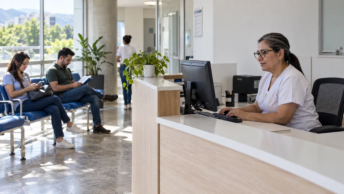 Recepción de una clínica con computador, sala de espera y señalización discreta.