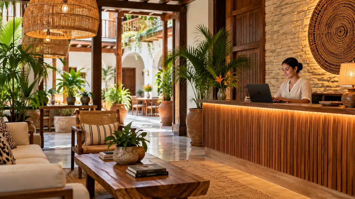 Recepción de un hotel pequeño con información y atención para huéspedes.