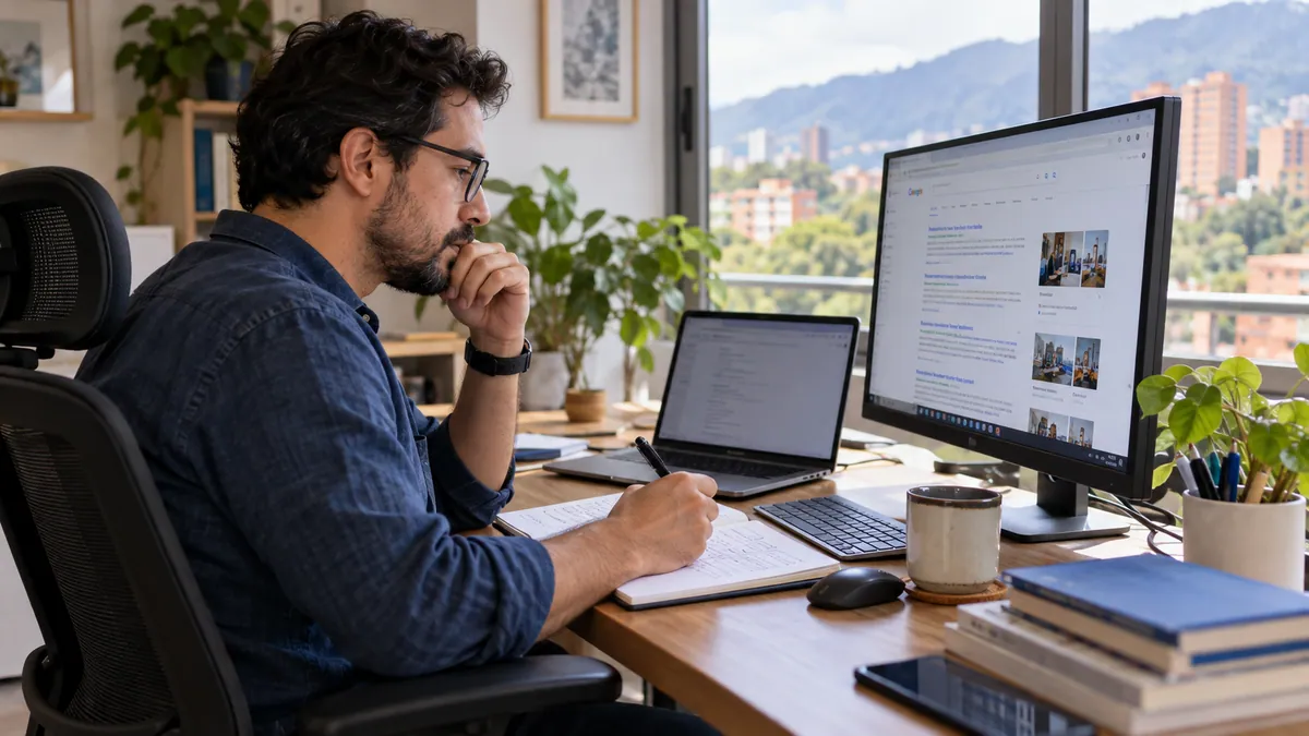 Consultor revisando contenido y resultados de búsqueda en un computador.