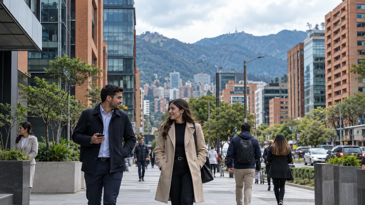 Escena urbana ilustrativa de Bogotá con oficinas y montañas al fondo.