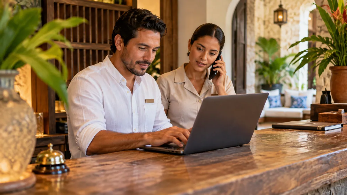 Equipo de un hotel revisando disponibilidad y solicitudes de reserva.