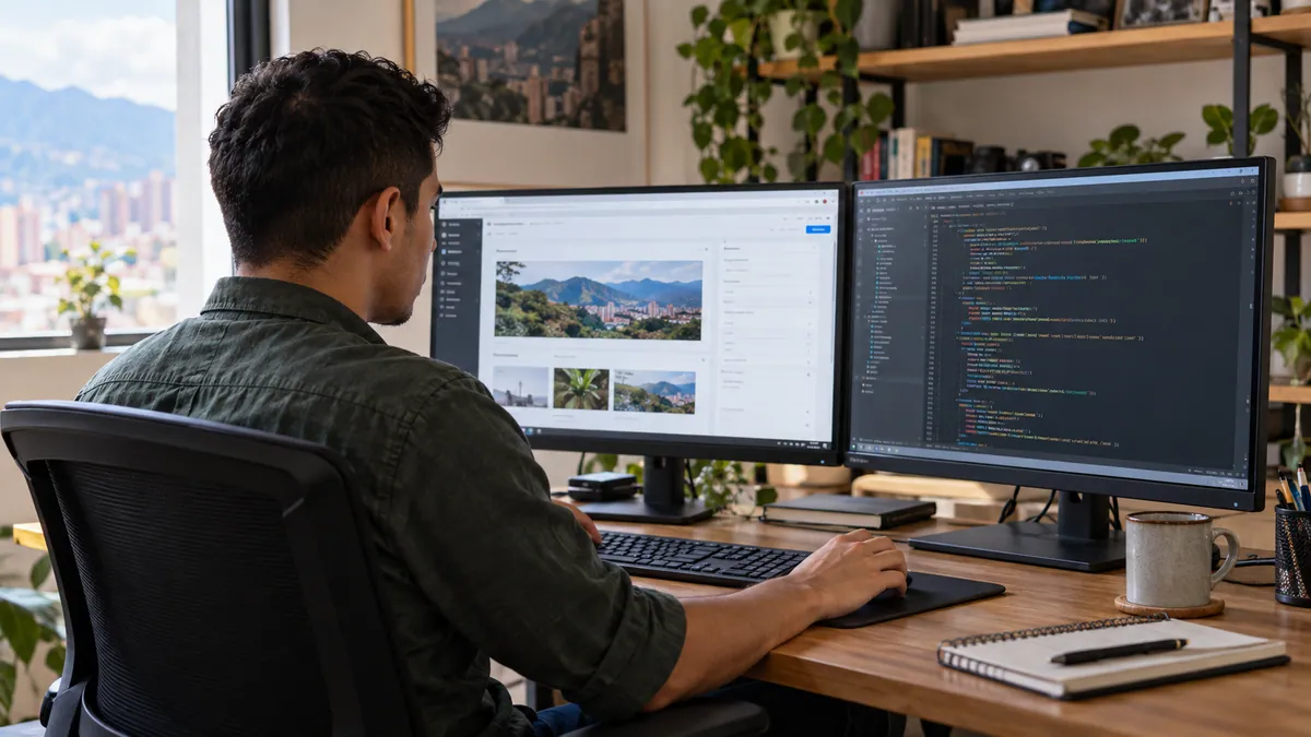 Desarrollador comparando un editor de contenido con una implementación en código.
